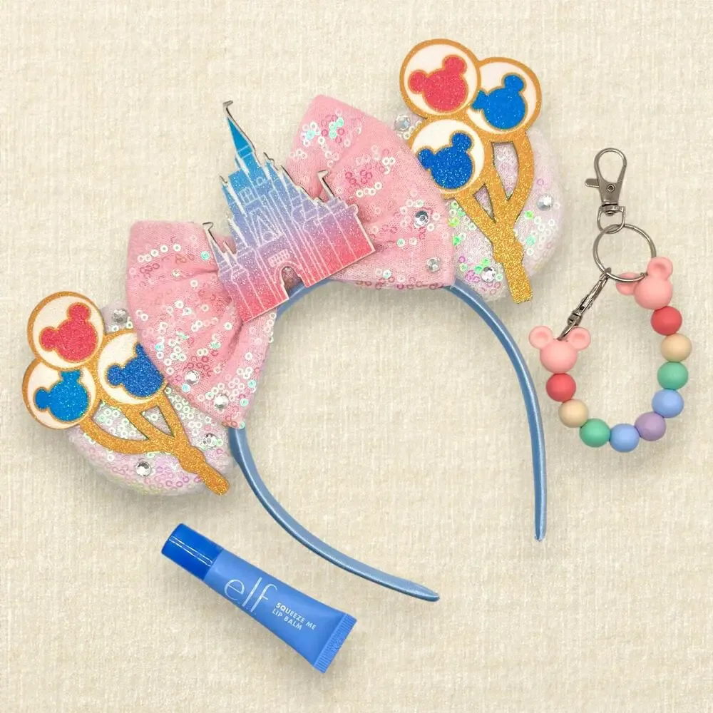 White Sequin Pastel Castle & Balloons Minnie Ears | Disney-Inspired Mouse Ears